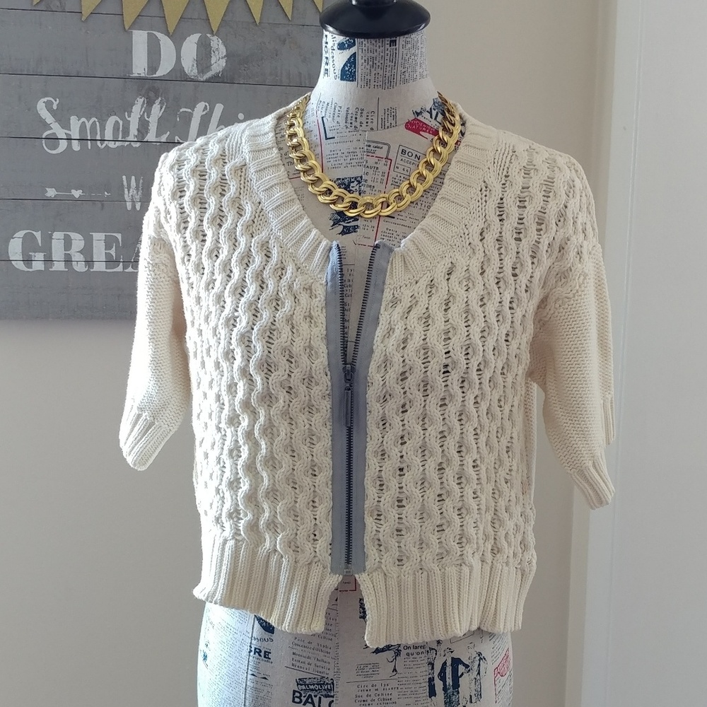 Kensie Cream Cable Knit Short-Sleeve Zip Cardigan